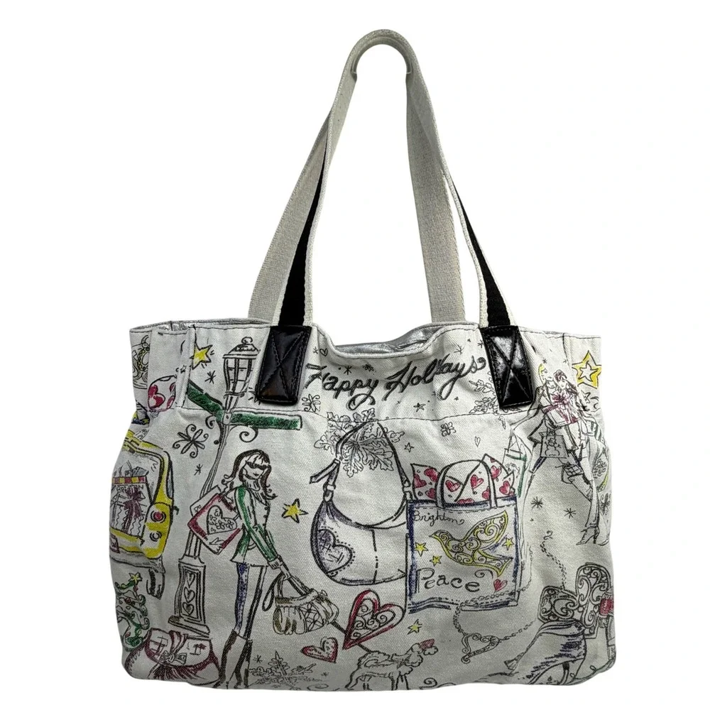 Brighton Happy Holidays Canvas Tote Bag Cream Multi Sketch Print Festive Shopper
